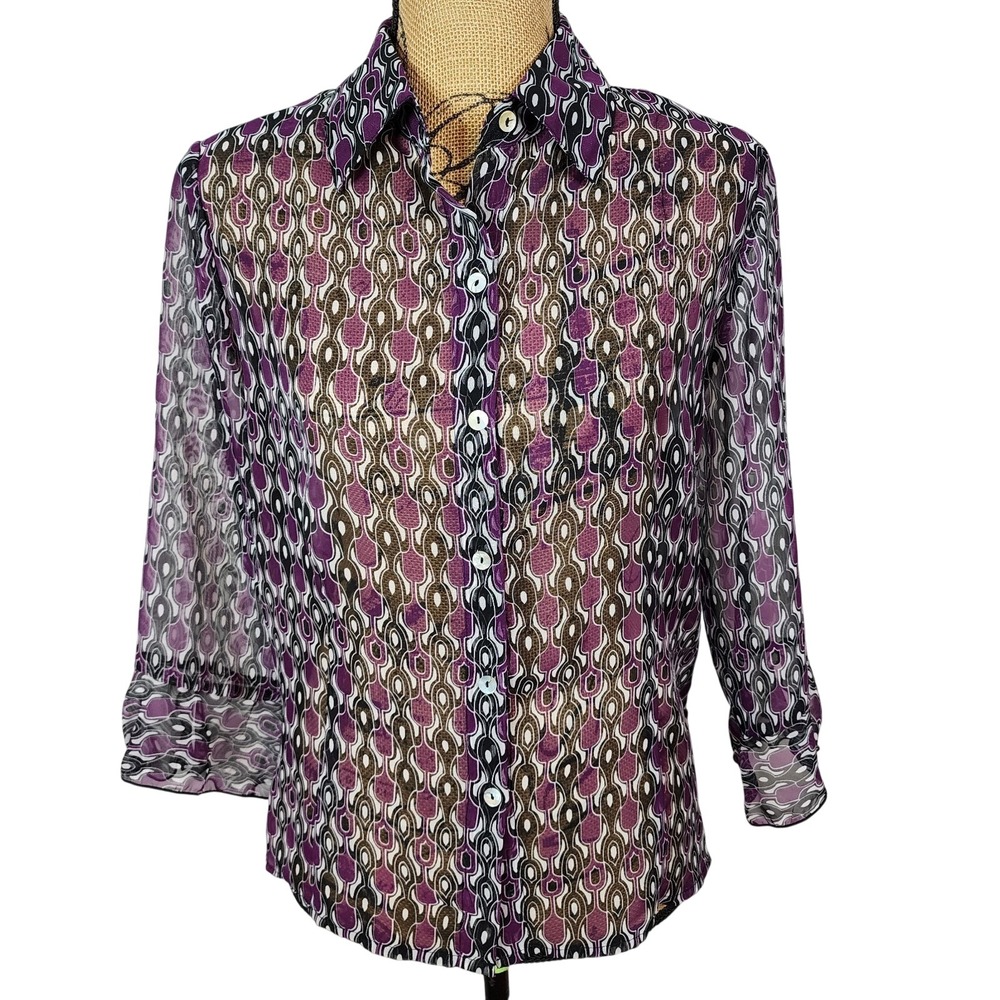 NICOLA Size Med Sheer Geometric Print Chiffon Flare Sleeve Office Casual Blouse